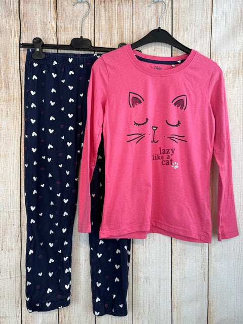 yigga zweiteiliger Schlafanzug pink m. Katze, dunkelblaue Hose Gr. 134/140